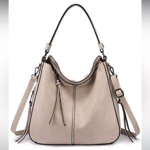 Realer brand hobo bag, Beige colored, faux leather, Multi Pockets large purse